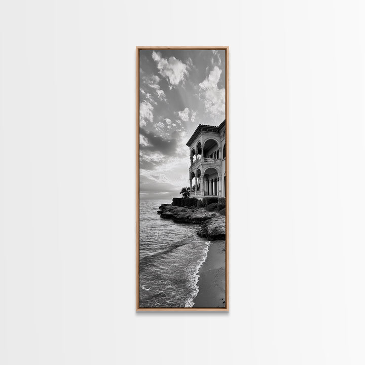 Italian Villa Coast, Seaside Architecture Print, Elegant Travel Decor, Framed Canvas Print, Dining Room Wall Art, Monochrome
