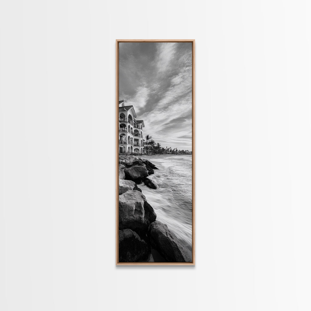 Coastal Resort Scene, Waves Rocks Hotel, Tropical Vacation Art, Beach House Wall Decor, Canvas Print, Living Room Style, Coastal Minimalist