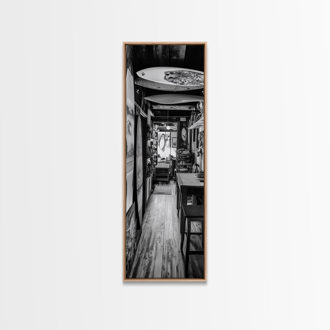 Surfboard Shop Hallway, Rustic Surf Decor, Beach Lifestyle Print, Framed Canvas Print, Man Cave Wall Art, Coastal Boho Vibes, Cabin Wall Art