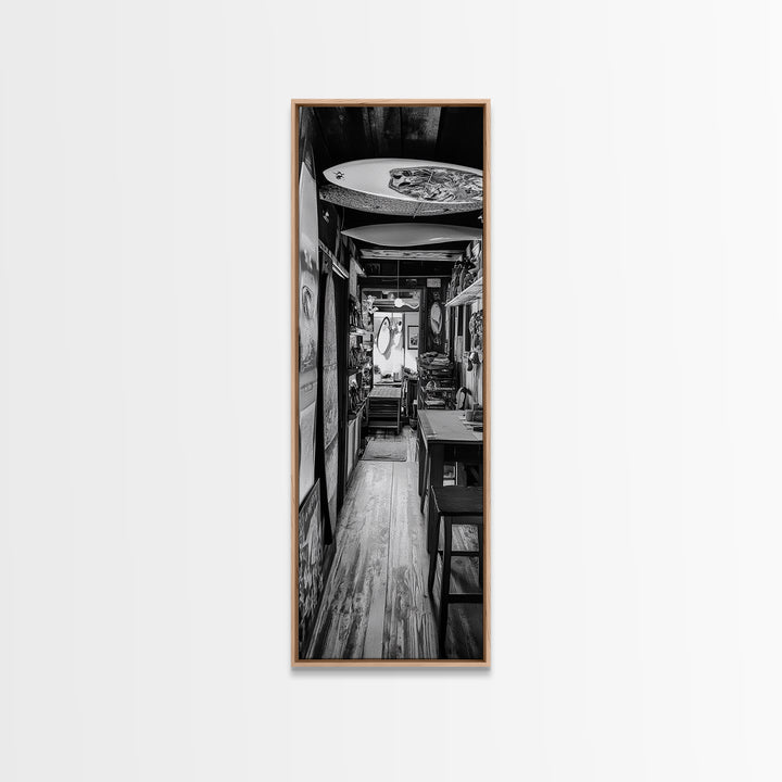 Surfboard Shop Hallway, Rustic Surf Decor, Beach Lifestyle Print, Framed Canvas Print, Man Cave Wall Art, Coastal Boho Vibes, Cabin Wall Art