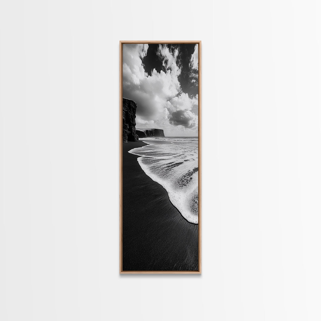 Shoreline Edge, Ocean Waves, Coastal Horizon, Framed Canvas Print, Black and White Beach Art, Bathroom Art, Entryway Wall Decor