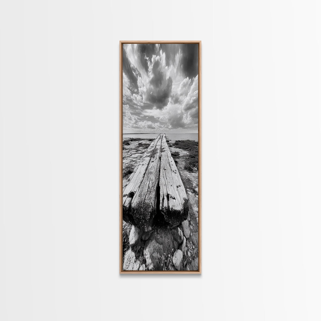 Weathered Pier End, Dramatic Ocean View, Minimalist Coastal Landscape, Canvas Print, Living Room Fall Wall Art, Rustic Decor