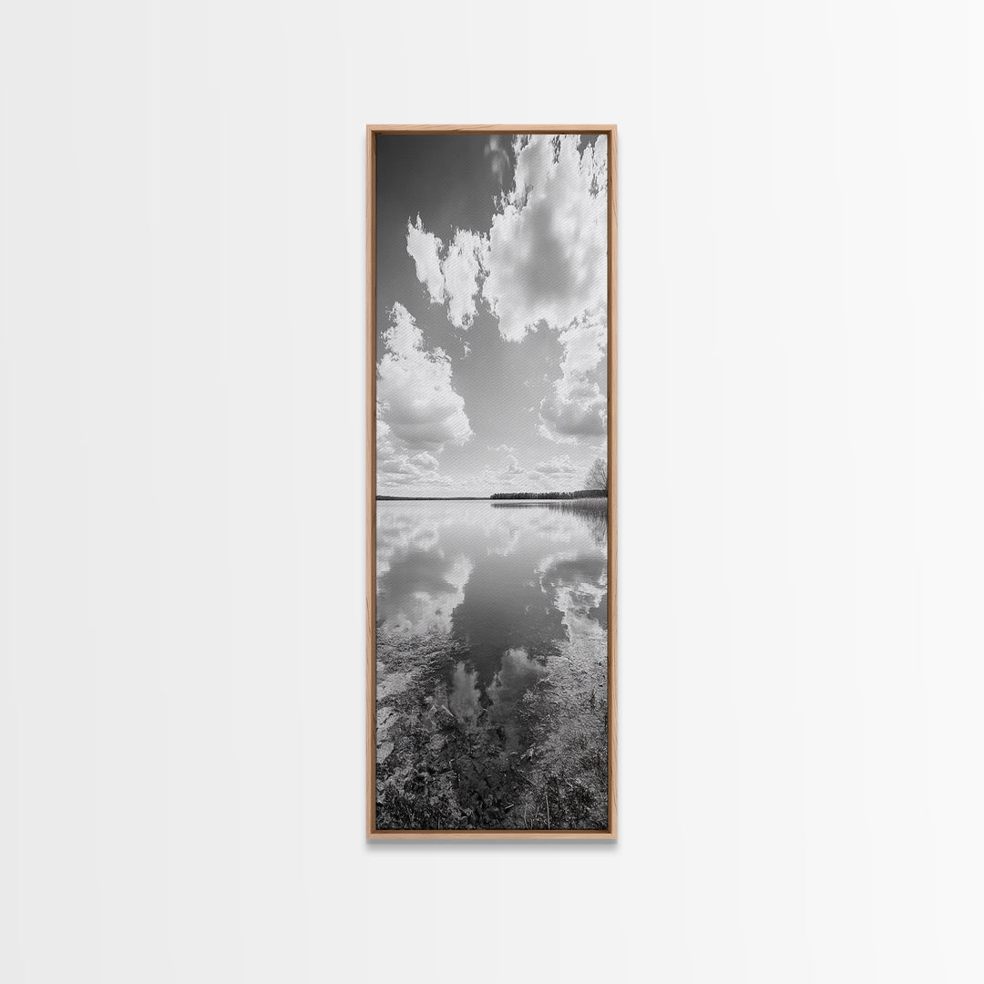 Lake Reflection, Calm Waters, Cloudy Sky, Minimalist Landscape, Framed Canvas Print, Neutral Living Room Art, Tranquil Nature Scene