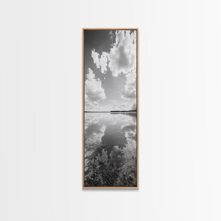 Lake Reflection, Calm Waters, Cloudy Sky, Minimalist Landscape, Framed Canvas Print, Neutral Living Room Art, Tranquil Nature Scene