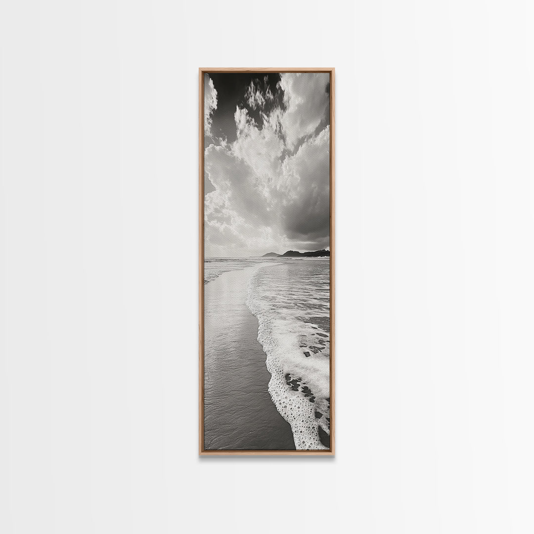 Beach Horizon, Ocean Calm, Foamy Shore, Black White Coastal Art, Canvas Print, Bathroom Decor, Peaceful Coastal Minimalist Style