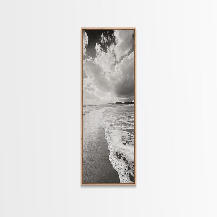 Beach Horizon, Ocean Calm, Foamy Shore, Black White Coastal Art, Canvas Print, Bathroom Decor, Peaceful Coastal Minimalist Style