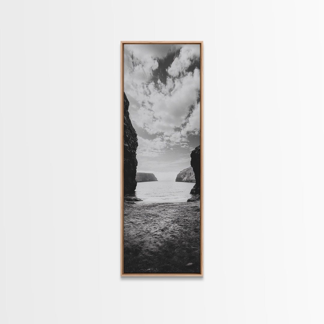 Seaside Cliffs, Ocean Gateway, Tranquil Cove, Framed Canvas Print, Nautical Wall Art, Modern Coastal Decor, Neutral Beach Style