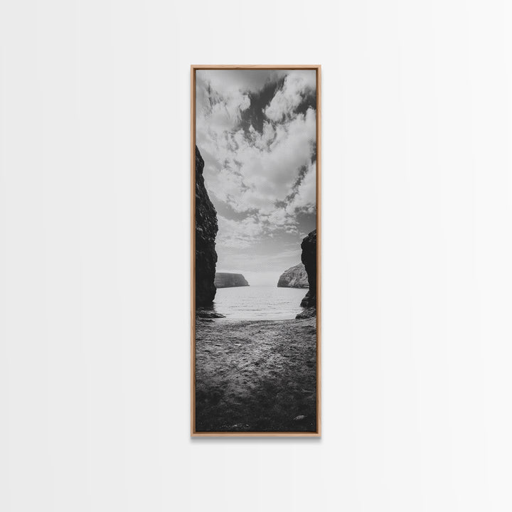 Seaside Cliffs, Ocean Gateway, Tranquil Cove, Framed Canvas Print, Nautical Wall Art, Modern Coastal Decor, Neutral Beach Style