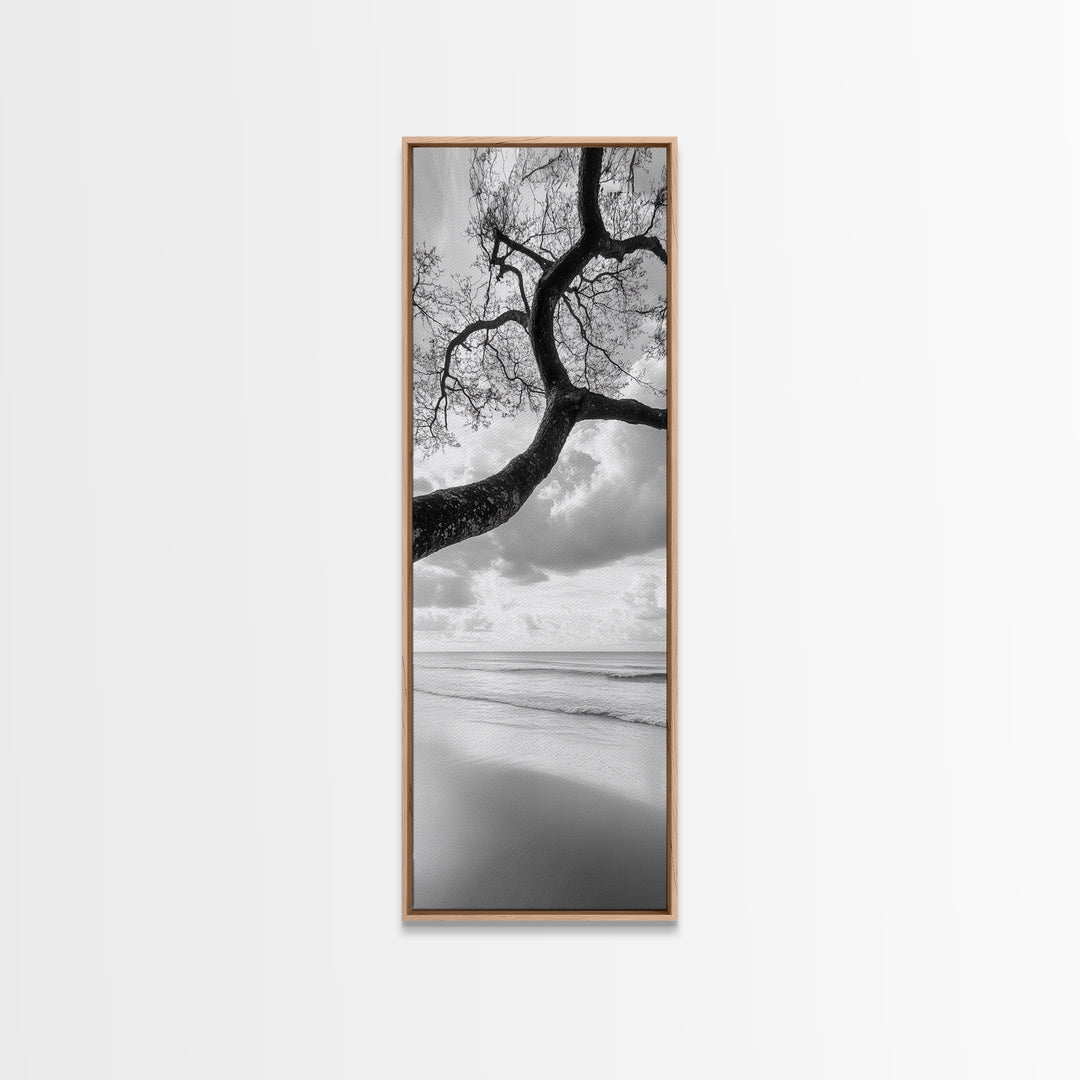 Ocean Tree View, Beach Horizon, Minimal Branches, Framed Canvas Print, Coastal Living Room Art, Neutral Decor, Zen Nature Photography