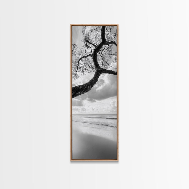 Ocean Tree View, Beach Horizon, Minimal Branches, Framed Canvas Print, Coastal Living Room Art, Neutral Decor, Zen Nature Photography