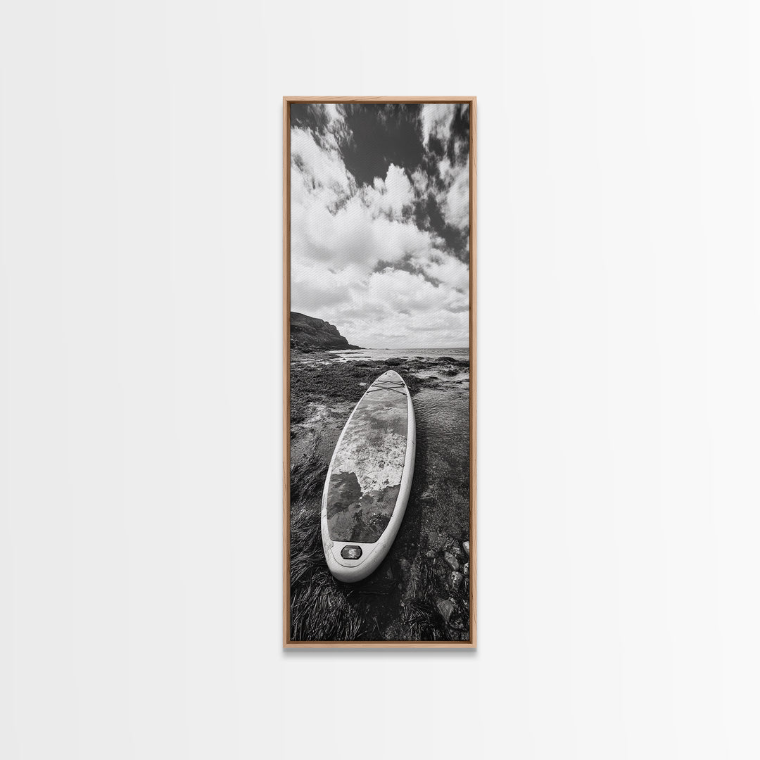 Surfboard Still, Rocky Shore, Beach Vibes, Framed Canvas Print, Coastal Bathroom Wall Art, Minimalist Beach Decor, Summer Style