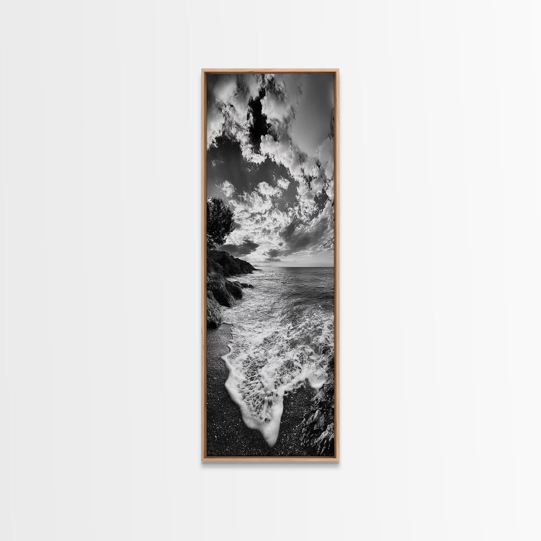 Rocky Coastline, Ocean Foam, Sunset Glow, Framed Canvas Print, Nautical Wall Art, Beach House Decor, Moody Seascape Photography