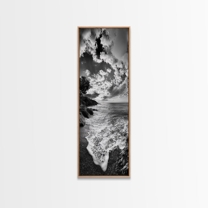 Rocky Coastline, Ocean Foam, Sunset Glow, Framed Canvas Print, Nautical Wall Art, Beach House Decor, Moody Seascape Photography