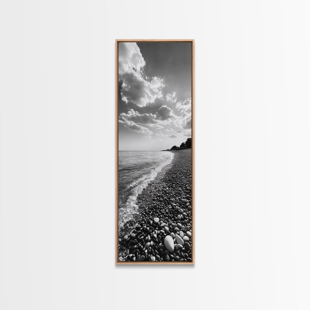 Pebble Beach, Gentle Waves, Coastal Calm, Framed Canvas Print, Minimalist Bathroom Wall Art, Nature Texture Decor, Seaside Zen, Office Wall Art