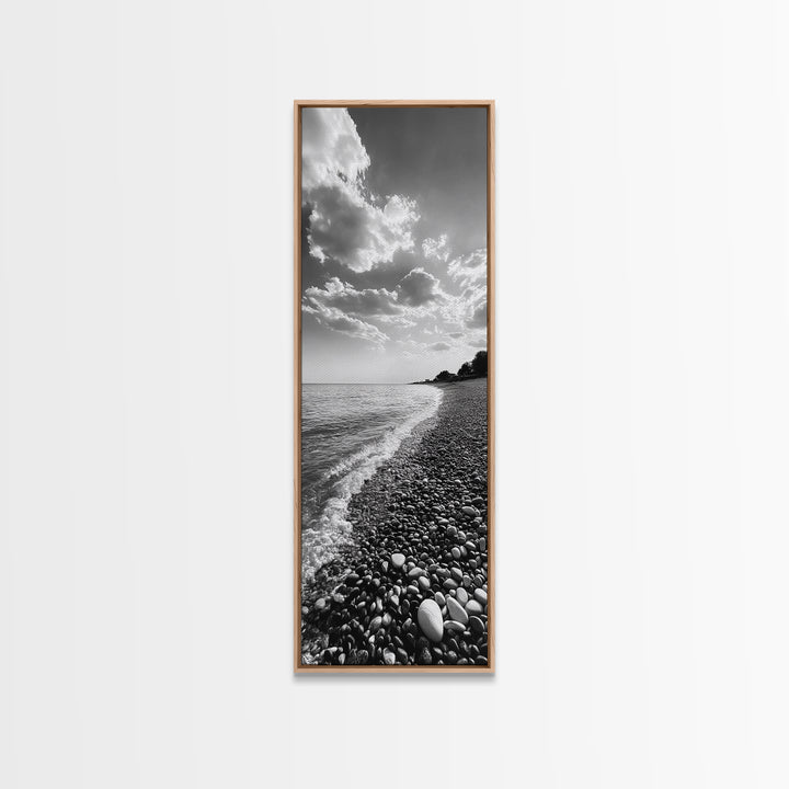Pebble Beach, Gentle Waves, Coastal Calm, Framed Canvas Print, Minimalist Bathroom Wall Art, Nature Texture Decor, Seaside Zen, Office Wall Art