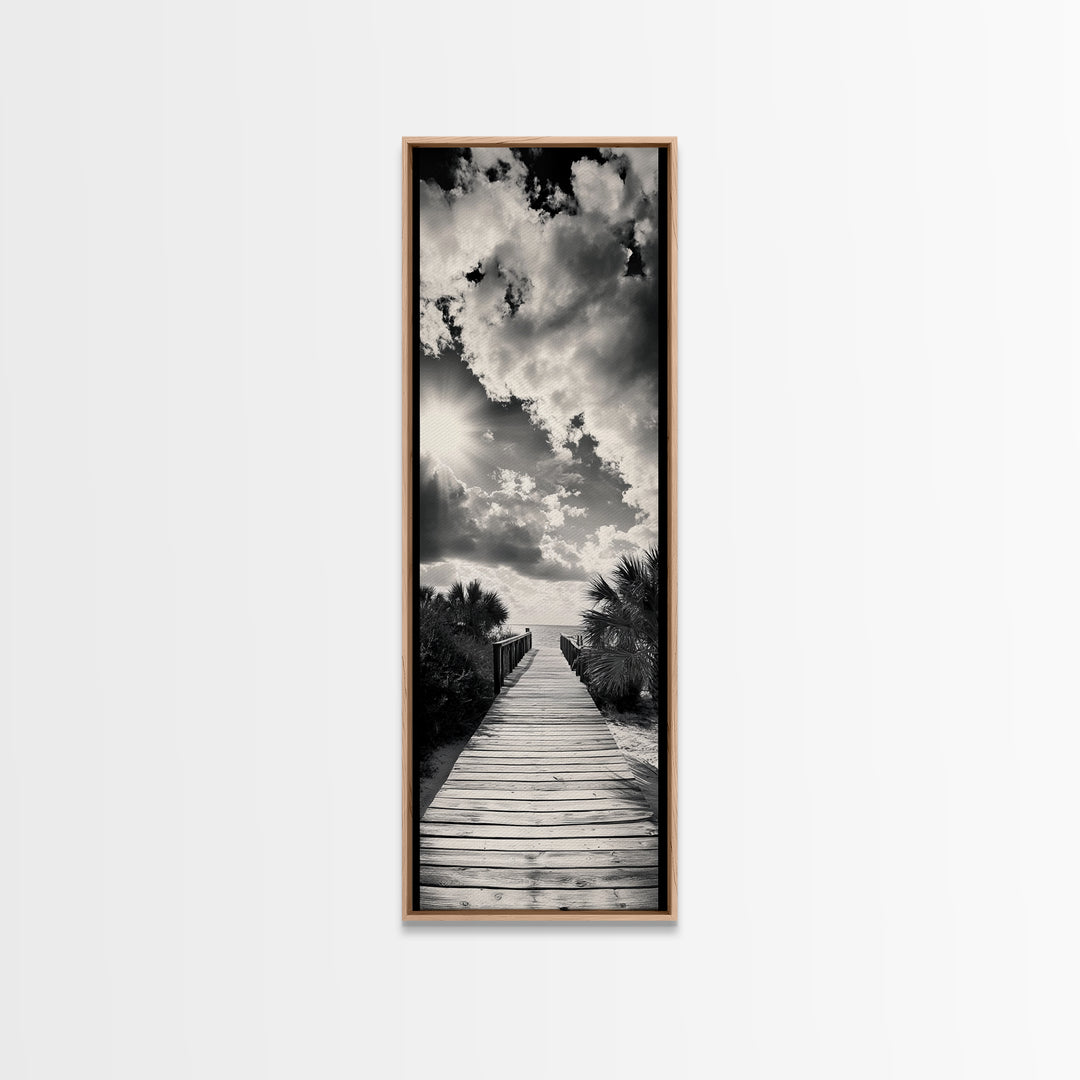 Boardwalk Path, Coastal Sunset, Palm Trees, Framed Canvas Print, Beach Walkway Wall Art, Entryway or Living Room Coastal Decor