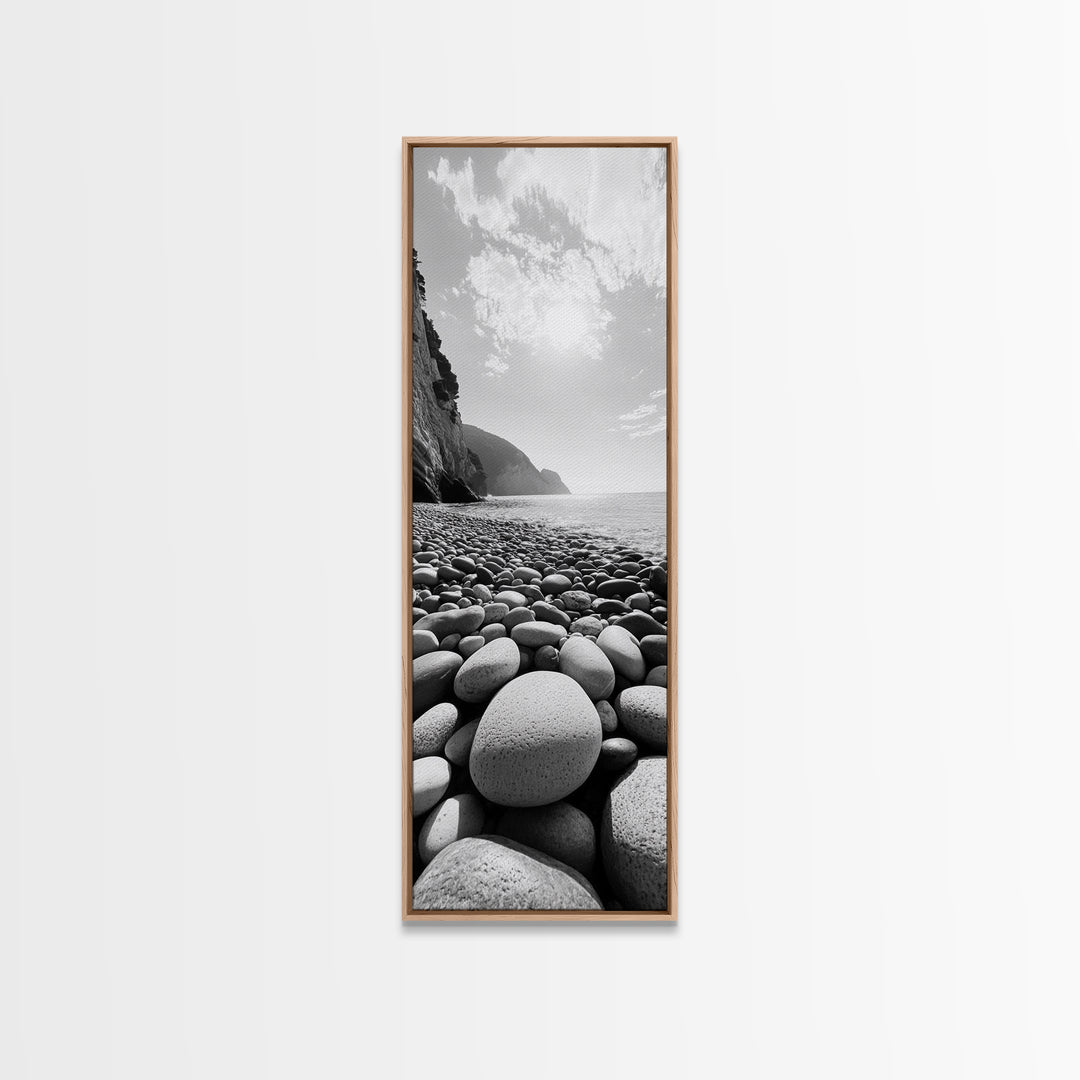 Rocky Beach View, Ocean Horizon, Sunrise Light, Framed Canvas Print, Relaxing Bedroom Wall Art, Modern Coastal Photography, Bathroom Wall Art