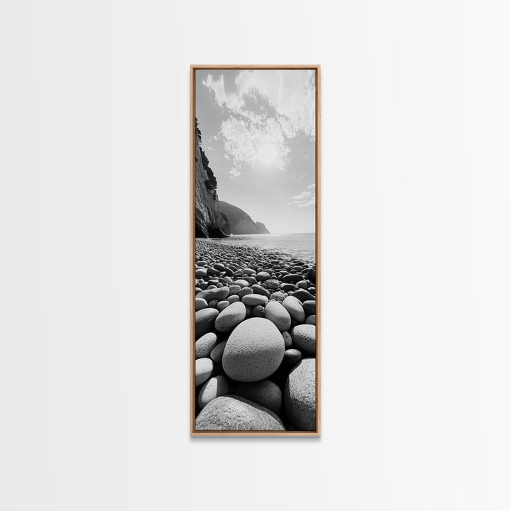 Rocky Beach View, Ocean Horizon, Sunrise Light, Framed Canvas Print, Relaxing Bedroom Wall Art, Modern Coastal Photography, Bathroom Wall Art