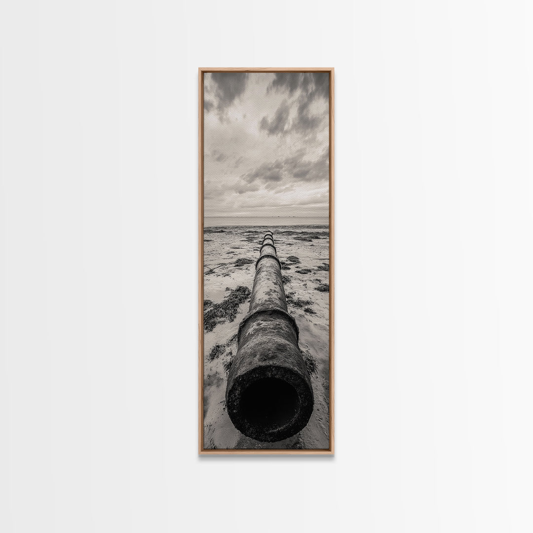 Rusted Pipe Beach, Industrial Coastal Vibe, Grunge Seascape, Framed Canvas Print, Urban Loft Art, Bathroom Wall Art, Office Wall Art