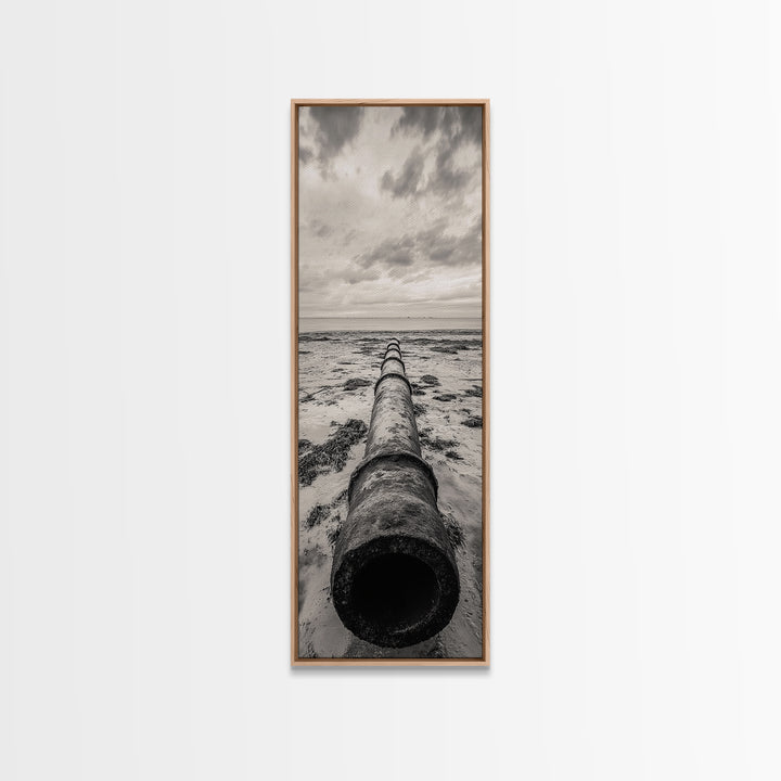 Rusted Pipe Beach, Industrial Coastal Vibe, Grunge Seascape, Framed Canvas Print, Urban Loft Art, Bathroom Wall Art, Office Wall Art