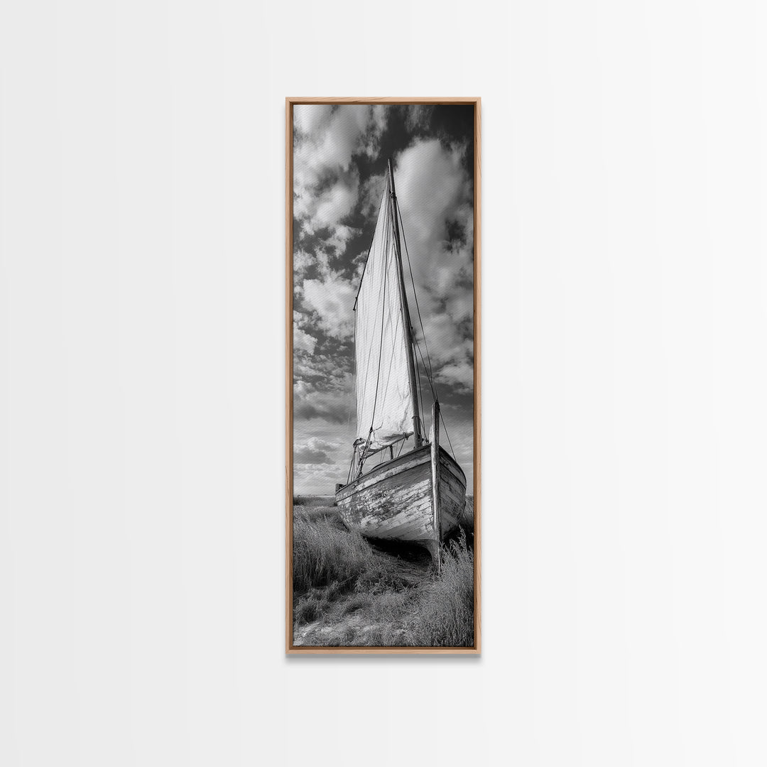 Weathered Sailboat Scene, Coastal Rustic Charm, Seafaring Wall Decor, Framed Canvas Print, Nautical Bathroom or Hallway Art, Ocean Decor