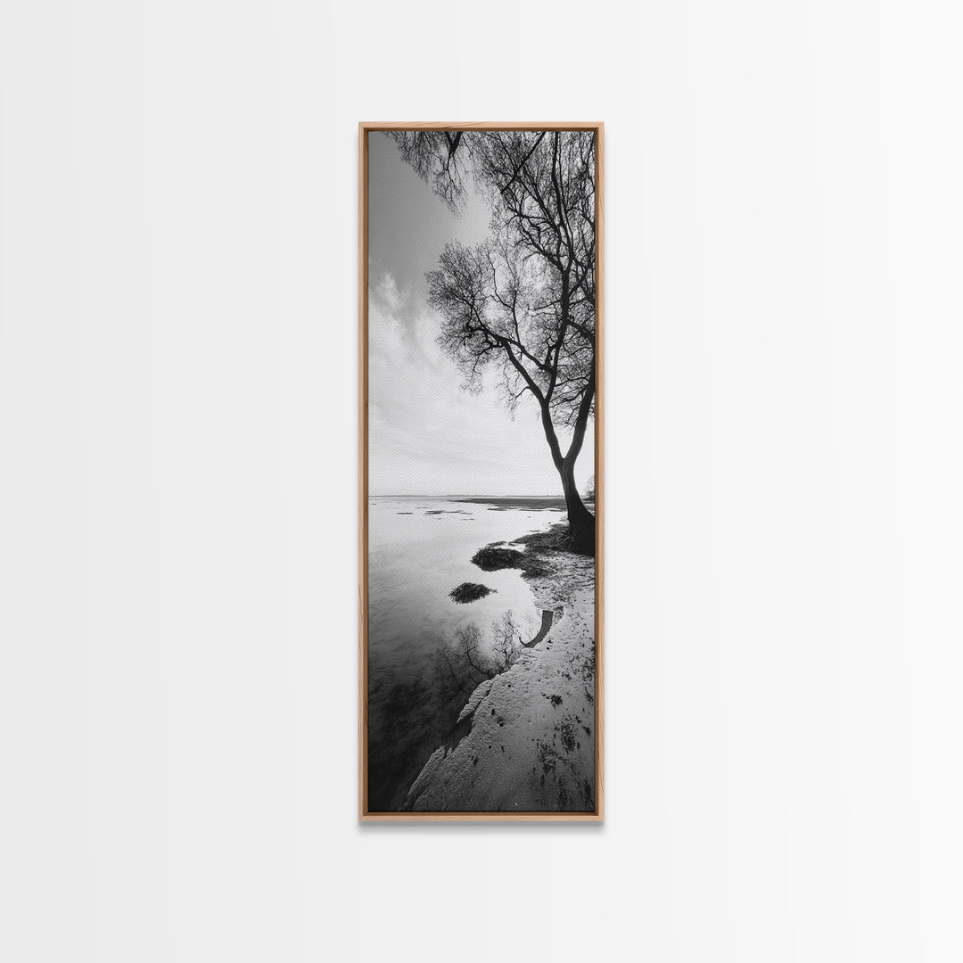 Bare Tree Reflection, Minimal Winter Shoreline, Calm Monochrome Art, Framed Canvas Print, Scandinavian Living Room Art, Bathroom Art