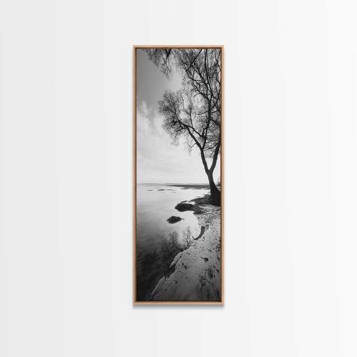 Bare Tree Reflection, Minimal Winter Shoreline, Calm Monochrome Art, Framed Canvas Print, Scandinavian Living Room Art, Bathroom Art