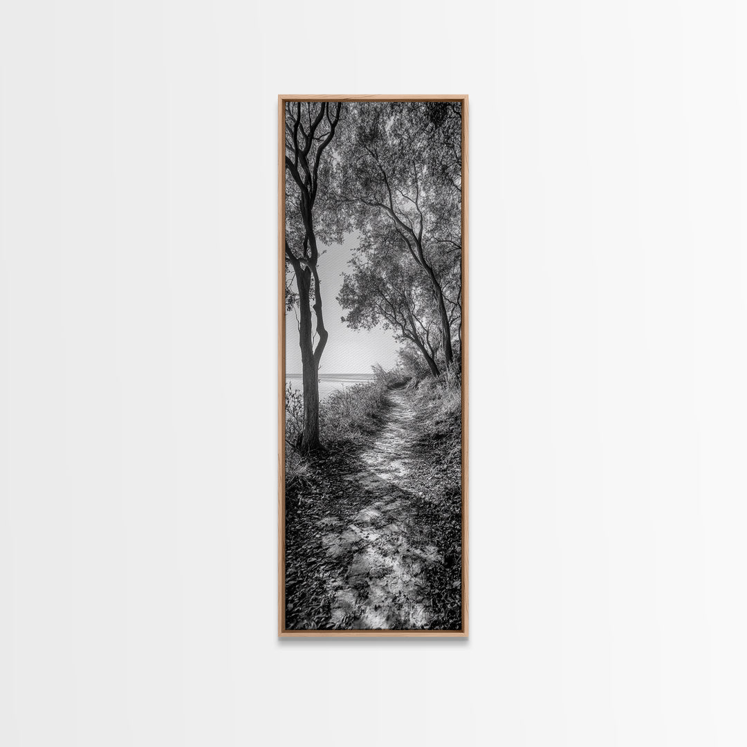 Lakeside Pathway Scene, Forest Walk Tranquility, Coastal Trail Mood, Framed Canvas Print, Nature-Lover Bedroom Wall Art, Cabin Wall Art