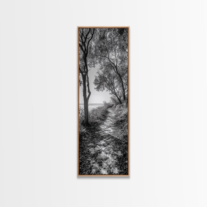 Lakeside Pathway Scene, Forest Walk Tranquility, Coastal Trail Mood, Framed Canvas Print, Nature-Lover Bedroom Wall Art, Cabin Wall Art