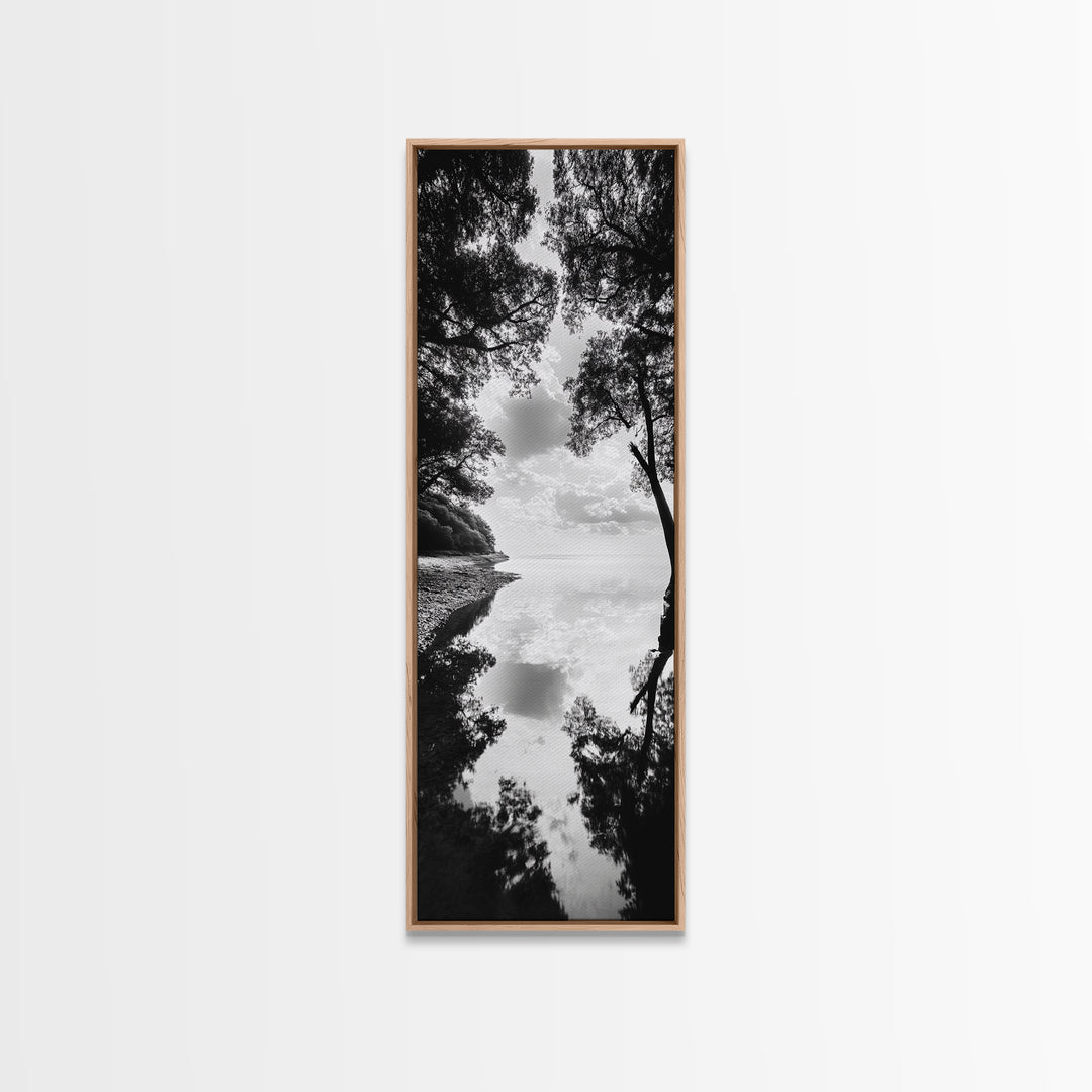 Misty Lake, Nature Reflection, Tranquil Waters, Monochrome Trees, Framed Canvas Print, Minimalist Wall Art, Bathroom or Hallway Decor
