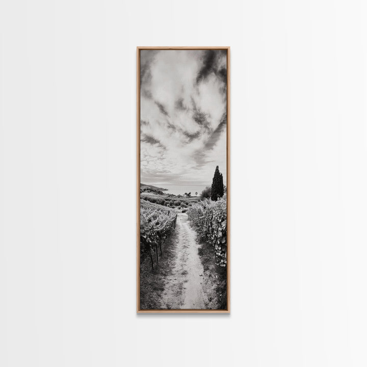 Vineyard Pathway, Scenic Hills, Countryside View, Rustic Charm, Framed Canvas Print, Farmhouse Kitchen Wall Art, Autumn Decor