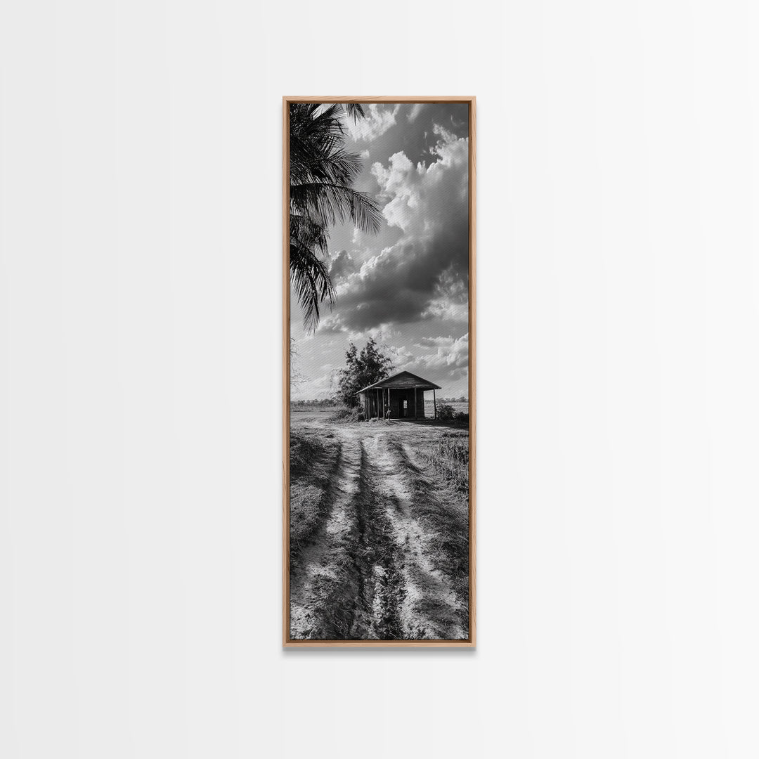 Rustic Cabin, Countryside Road, Farm Field, Palm Trees, Framed Canvas Print, Farmhouse Entryway Wall Art, Fall Landscape,  Den Wall Art