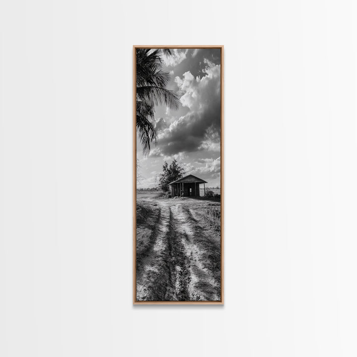 Rustic Cabin, Countryside Road, Farm Field, Palm Trees, Framed Canvas Print, Farmhouse Entryway Wall Art, Fall Landscape,  Den Wall Art