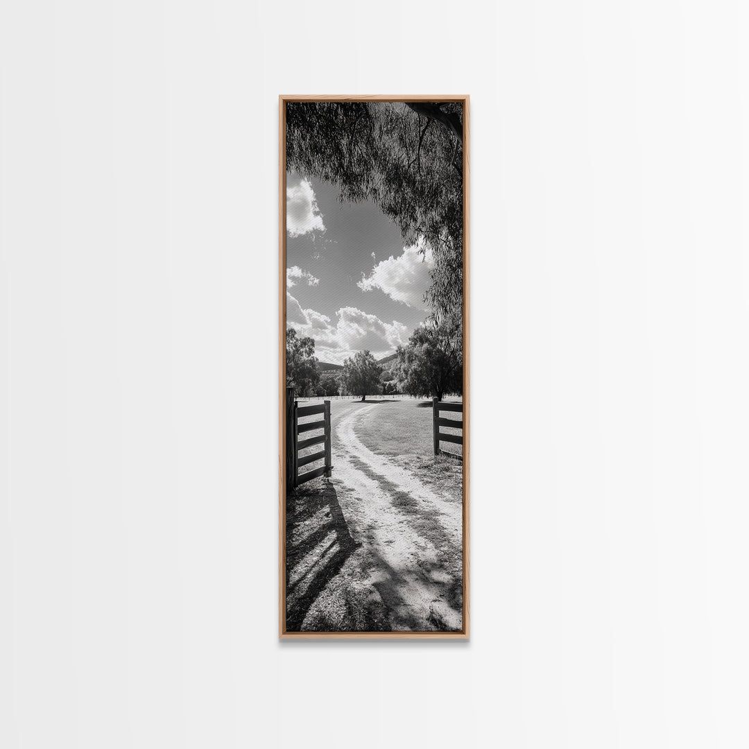 Country Road, Wooden Fence, Open Fields, Tree Shadows, Canvas Print, Rustic Farm Wall Art, Minimalist Nature Photography, Entryway Home Decor