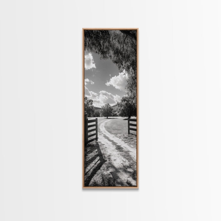 Country Road, Wooden Fence, Open Fields, Tree Shadows, Canvas Print, Rustic Farm Wall Art, Minimalist Nature Photography, Entryway Home Decor