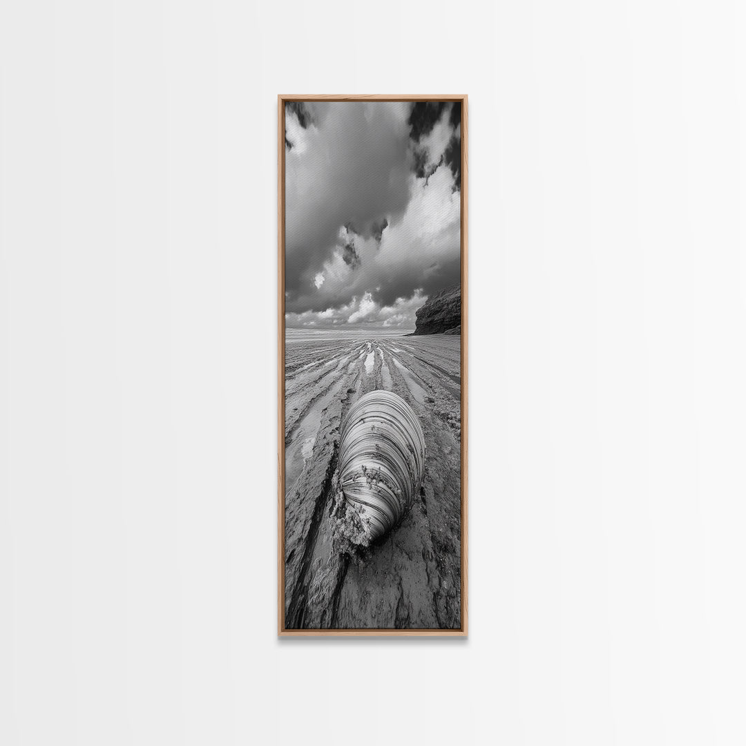 Ocean Clam, Moody Beach, Tidal Lines, Coastal Detail, Canvas Print, Nautical Bathroom Wall Art, Black and White Ocean Decor,  Den Wall Piece