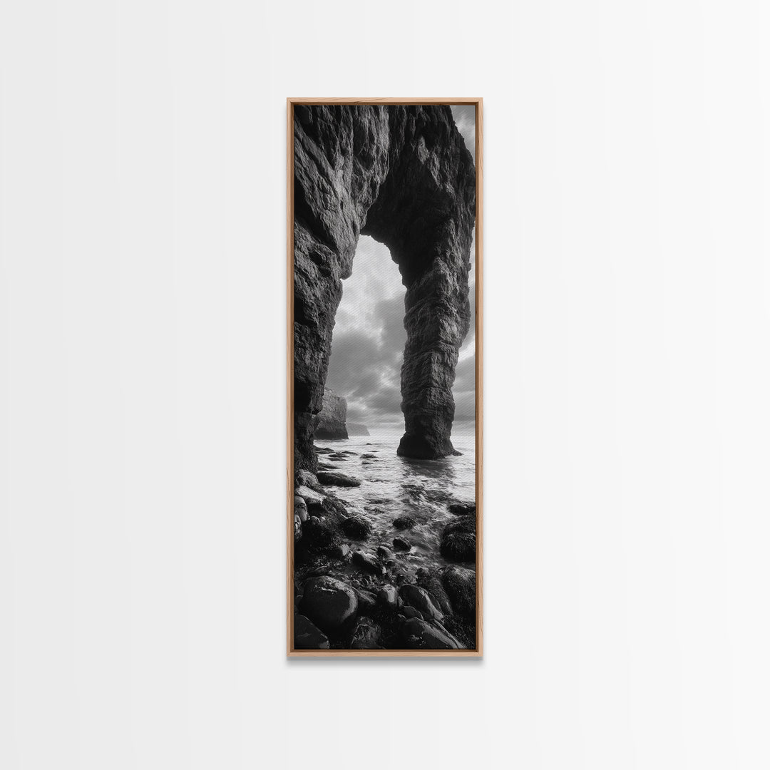 Sea Arch, Coastal Rocks, Ocean Waves, Dramatic Sky, Framed Canvas Print, Coastal Wall Art, Minimalist Beach House Decor, Bedroom Artwork