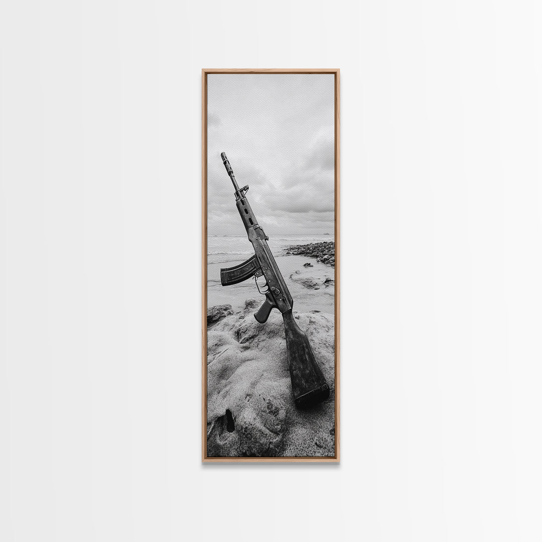 War Relic, AK Rifle, Surreal Beach Scene, Framed Canvas Print, Bold Statement Art, Bachelor Pad or Office Decor, Rustic Industrial Style