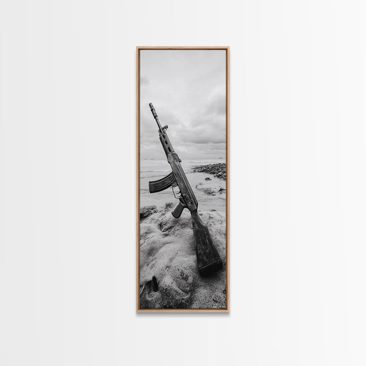 War Relic, AK Rifle, Surreal Beach Scene, Framed Canvas Print, Bold Statement Art, Bachelor Pad or Office Decor, Rustic Industrial Style