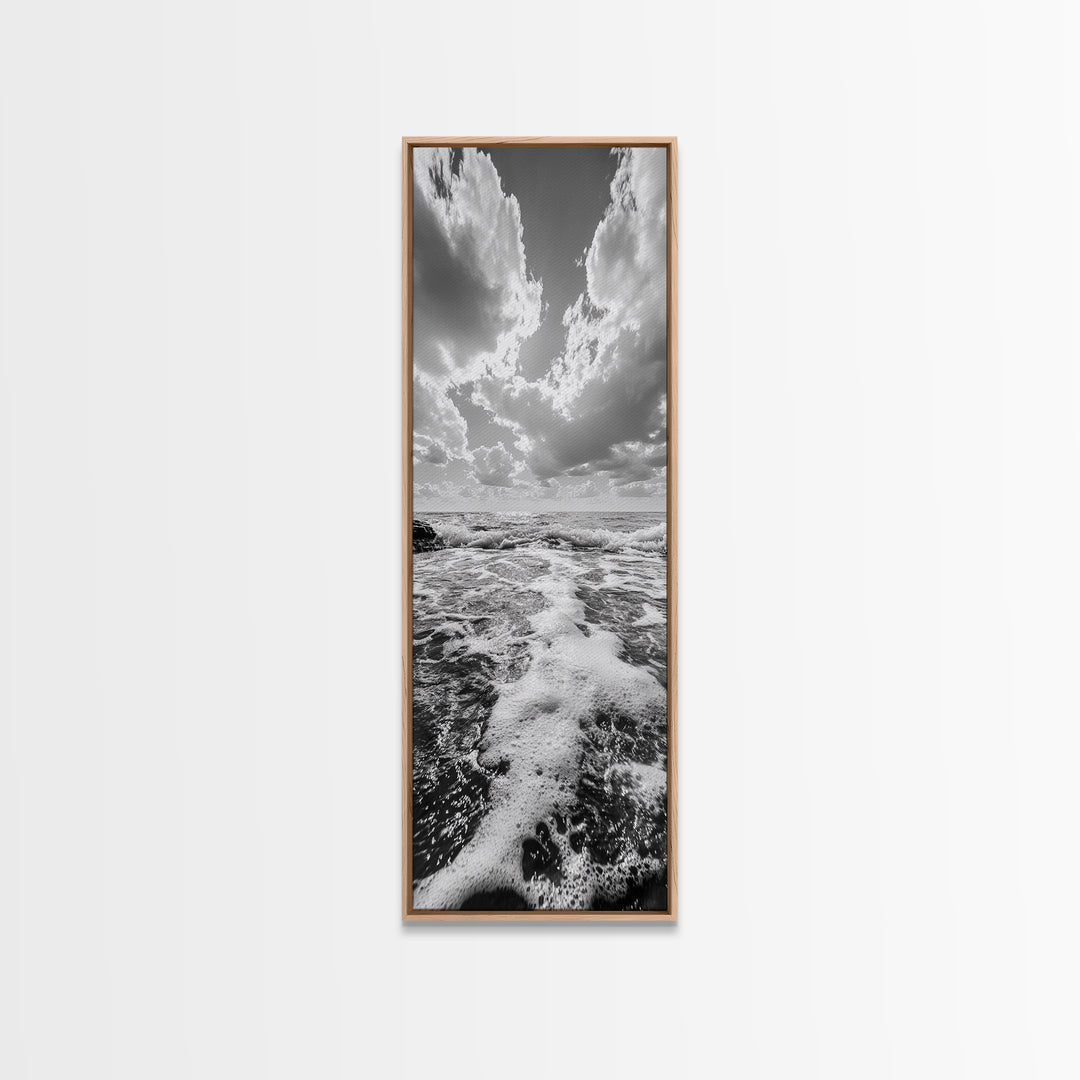 Sparkling Ocean, Cloud Horizon, Sea Breeze, Framed Canvas Print, Bright Coastal Art, Bathroom or Living Room Summer Vibe Wall Decor