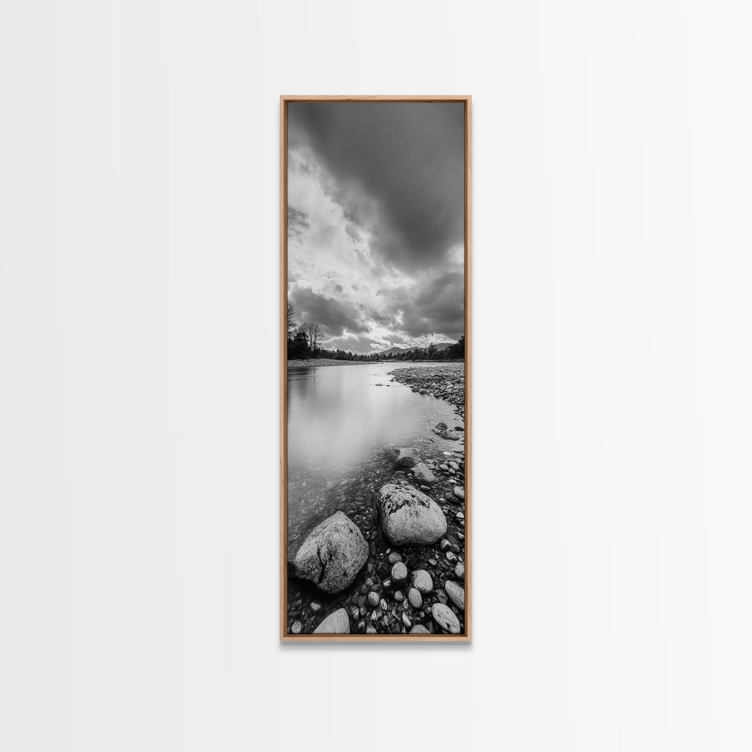 Rocky River, Serene Stream, Nature Calm, Monochrome Landscape, Framed Canvas Print Rustic Wall Decor, Modern Bathroom Art, Minimalist Style