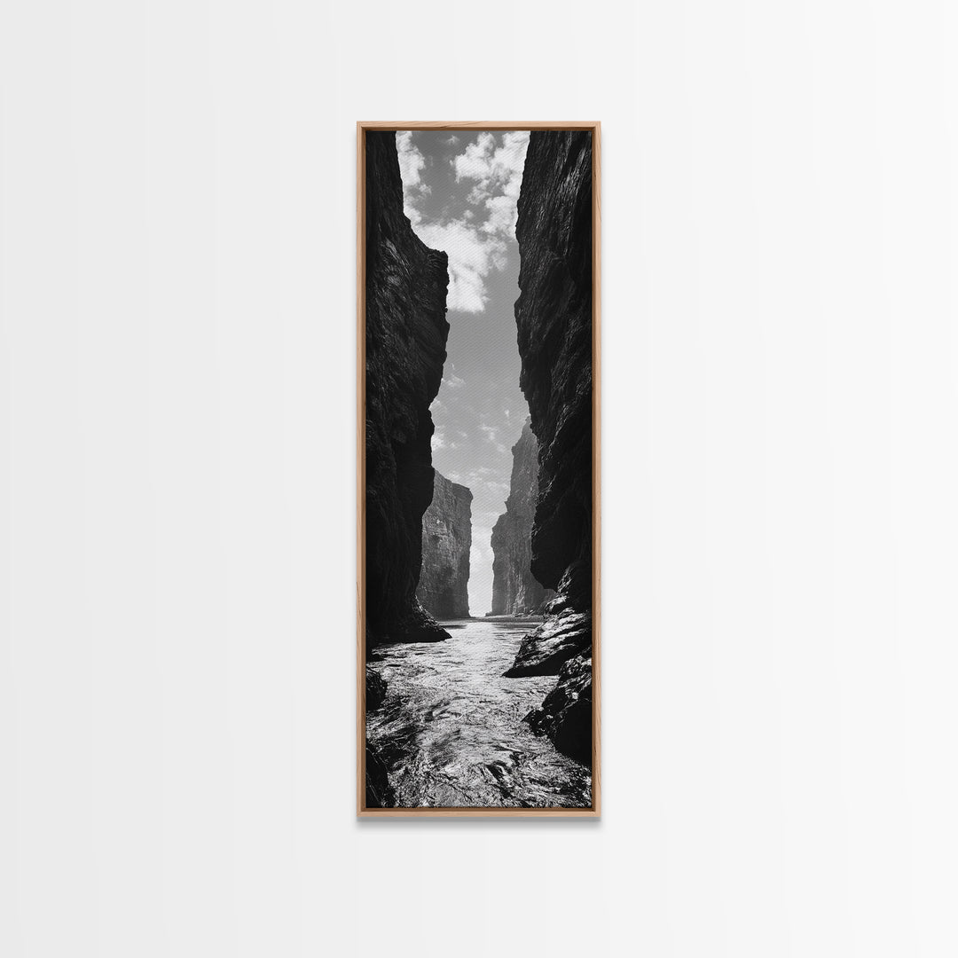 Coastal Canyon, Ocean Passage, Black White Art, Vertical Nature Scene, Framed Canvas Print Entryway Wall Art, Landscape Minimalist Decor