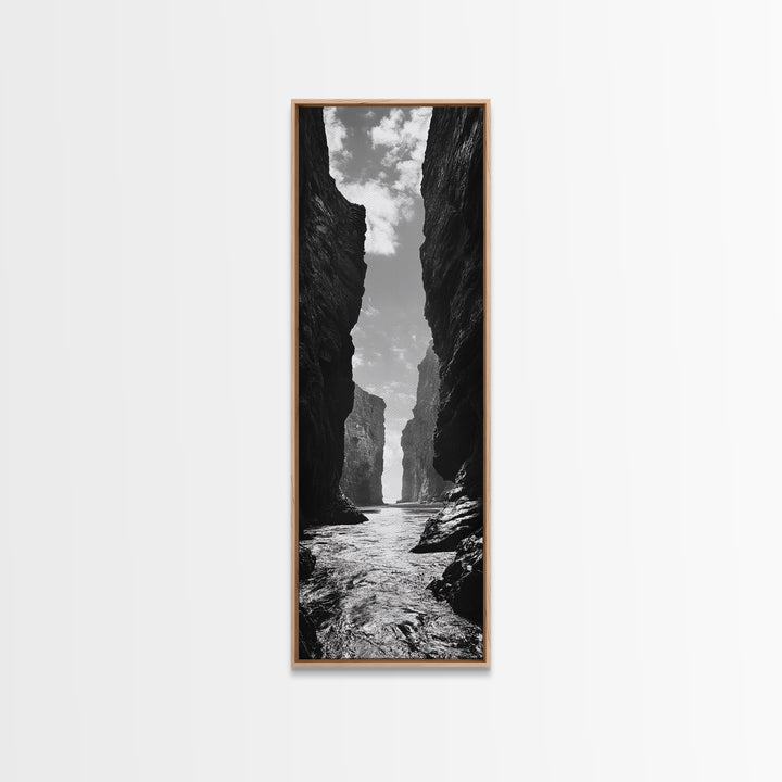 Coastal Canyon, Ocean Passage, Black White Art, Vertical Nature Scene, Framed Canvas Print Entryway Wall Art, Landscape Minimalist Decor
