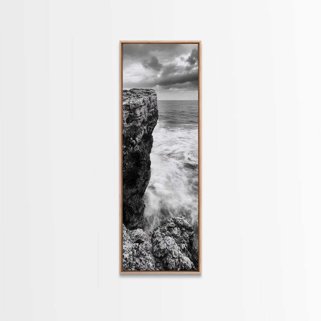 Cliffside Ocean, Storm Waves, Dramatic Coast, Monochrome Rocks, Framed Canvas Print Bathroom Wall Art, Minimalist Nautical Style, Coastal Decor
