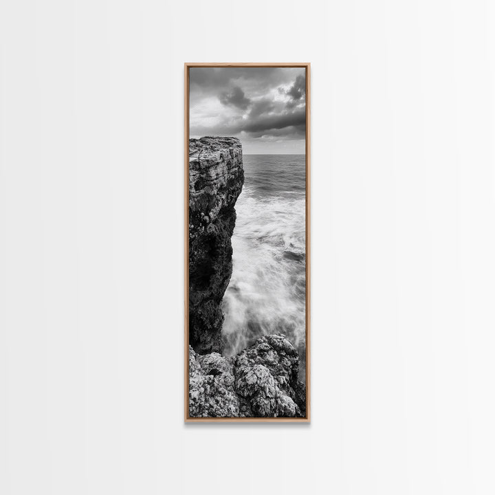 Cliffside Ocean, Storm Waves, Dramatic Coast, Monochrome Rocks, Framed Canvas Print Bathroom Wall Art, Minimalist Nautical Style, Coastal Decor