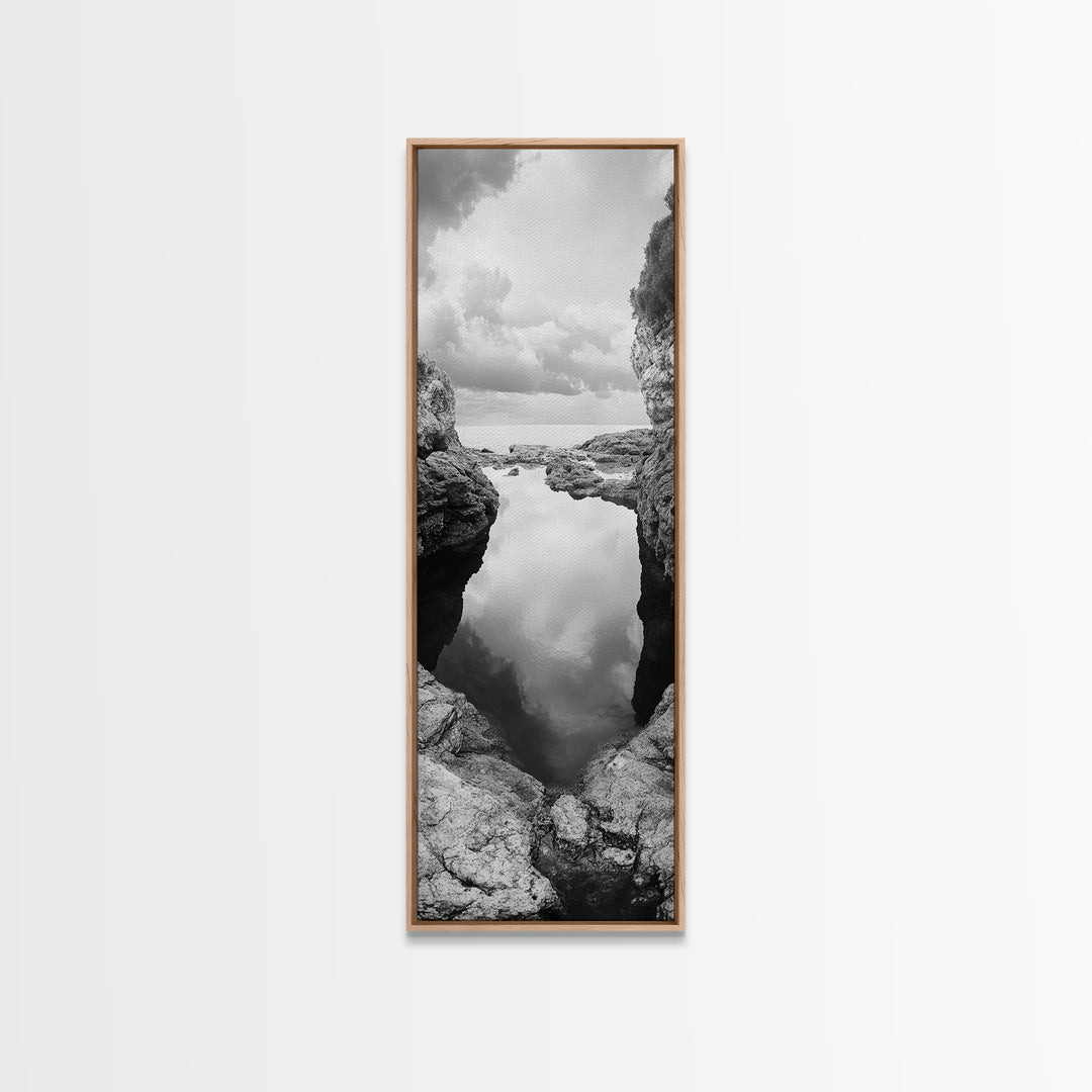 Tide Pool, Coastal Reflection, Tranquil Cove, Cloudy Sky, Framed Canvas Print Zen Bathroom Art, Minimalist Nature Wall Decor, Neutral Modern Style