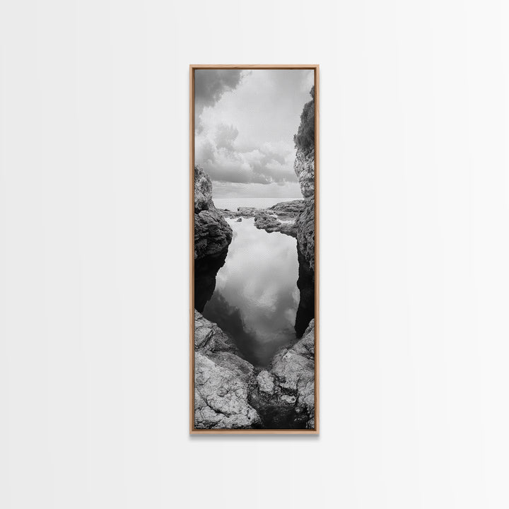 Tide Pool, Coastal Reflection, Tranquil Cove, Cloudy Sky, Framed Canvas Print Zen Bathroom Art, Minimalist Nature Wall Decor, Neutral Modern Style