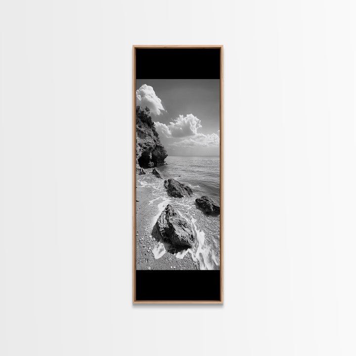 Rocky Beach, Calm Water, Summer Shore, Black White Coastal View, Framed Canvas Print Beach Wall Art, Nature Decor, Coastal Bathroom Style