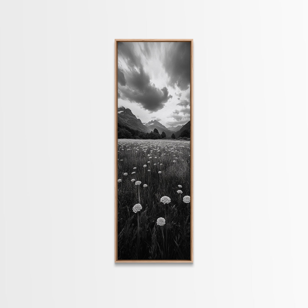 Wildflower Field, Alpine Meadow, Mountain Backdrop, Nature Print, Serene View, Framed Canvas Print, Living Room Wall Art, Rustic Farmhouse Decor