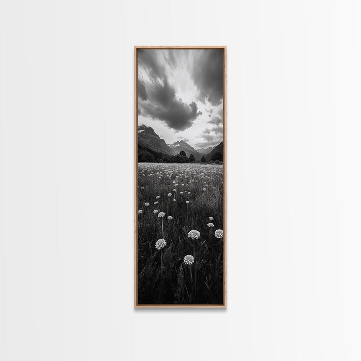 Wildflower Field, Alpine Meadow, Mountain Backdrop, Nature Print, Serene View, Framed Canvas Print, Living Room Wall Art, Rustic Farmhouse Decor